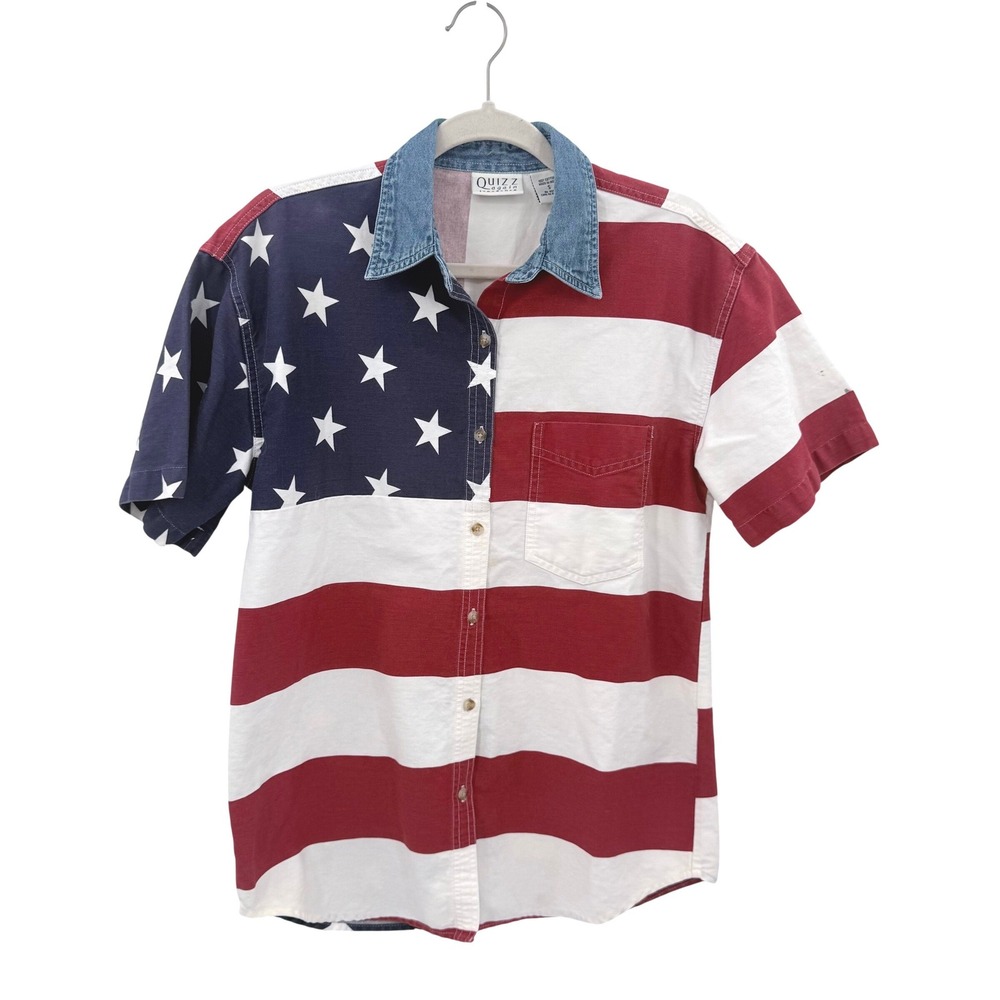 Quizz Again‎ Jeans American Flag Shirt Mens Small Stars Stripes Denim Collar Red